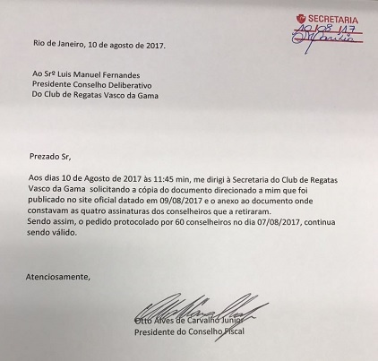Carta protocolada pelo presidente do conselho fiscal do Vasco, Otto de Carvalho Júnior Carta protocolada pelo presidente do conselho fiscal do Vasco, Otto de Carvalho Júnior