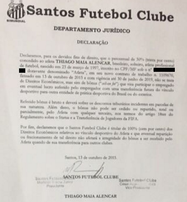 Declaração do Santos diz que clube tinha 100% de Maia Declaração do Santos diz que clube tinha 100% de Maia