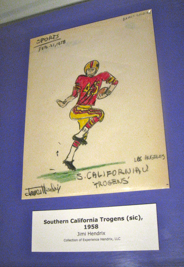 'Trogens', com erro no nome da equipe, em ilustração feita por Jimi Hendrix em 1958 'Trogens', com erro no nome da equipe, em ilustração feita por Jimi Hendrix em 1958