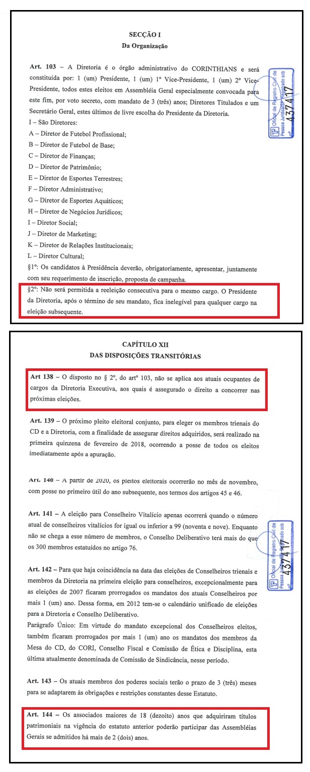 Estatuto do Corinthians que foi alterado em 2017 e artigo que permite reeleição Estatuto do Corinthians que foi alterado em 2017 e artigo que permite reeleição