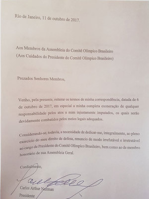Carta de renúncia de Nuzman Carta de renúncia de Nuzman