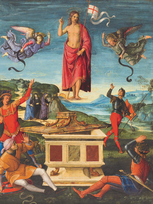 Reprodução da obra Ressurreição de Cristo, pintada entre 1499 e 1502, do artista italiano renascentista Rafael Reprodução da obra Ressurreição de Cristo, pintada entre 1499 e 1502, do artista italiano renascentista Rafael
