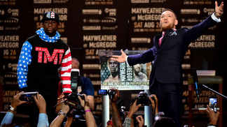 Primeiro encontro entre Mayweather e McGregor tem provocações, promessa de nocaute e encarada Mayweather x McGregor acontece em 26 de agosto
