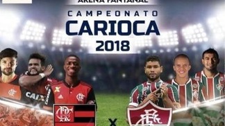 Público menor do que esperado e má fama de empresário dão prejuízo ao 'dono' do Fla x Flu em Cuiabá Legenda: cartaz com anúncio do Fla x Flu na Arena Pantanal