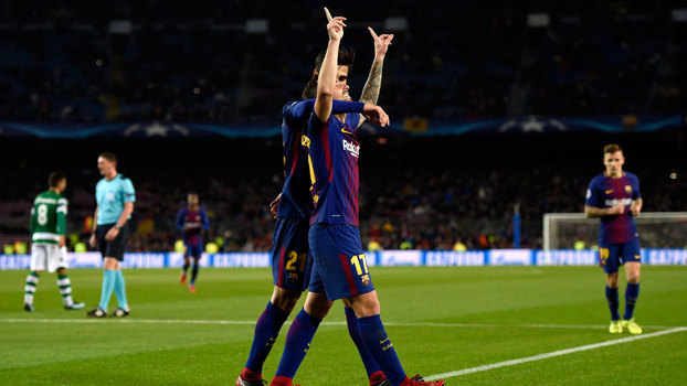 Alcácer comemora tento do Barcelona contra o Sporting, no Camp Nou Alcácer comemora tento do Barcelona contra o Sporting, no Camp Nou