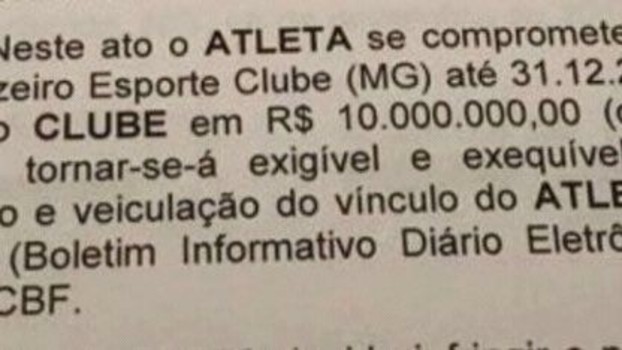 Trecho do contrato de Fred com o Atlético-MG prevendo a idenização de R$ 10 milhões