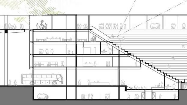 Projeção de como seria edifício sob as arquibancadas do Tobogã Projeção de como seria edifício sob as arquibancadas do Tobogã