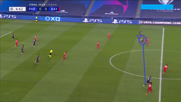 Neste lance, Neymar recebe a bola de costas, com o zagueiro pressionando Neste lance, Neymar recebe a bola de costas, com o zagueiro pressionando