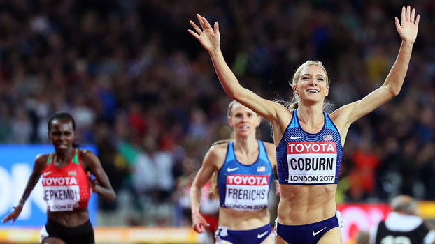 Emma Coburn terminou a prova com o tempo de 9min02s58 Emma Coburn terminou a prova com o tempo de 9min02s58