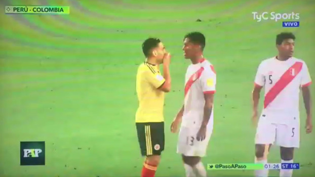 Falcao tenta convencer os jogadores peruanos durante a partida Falcao tenta convencer os jogadores peruanos durante a partida