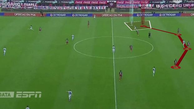 Linha defensiva da equipe de Aguirre sustentada mas, pela direita, lateral sai para caçar o adversário