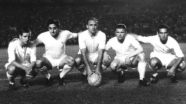 O ataque do Real Madri com Kopa, Rial, Di Stefano, Puskas e Gento O ataque do Real Madri com Kopa, Rial, Di Stefano, Puskas e Gento