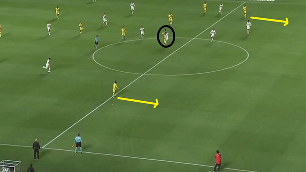 Momento em que o São Paulo disputa e perde 1ª e 2ª bola antes do gol do Mirassol: não existe linha defensiva Momento em que o São Paulo disputa e perde 1ª e 2ª bola antes do gol do Mirassol: não existe linha defensiva