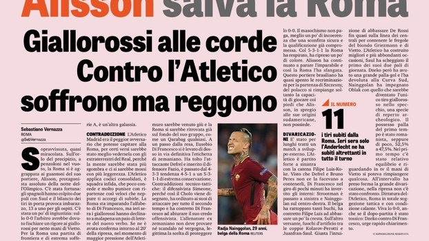 Gazzetta dello Sport destaca grande atuação de Alisson pela Roma Gazzetta dello Sport destaca grande atuação de Alisson pela Roma