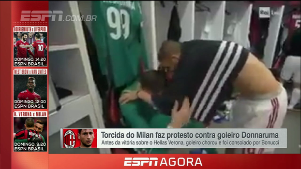 Após ser hostilizado pela torcida do Milan, Donnarumma cai no choro e é consolado nos vestiários por Bonucci Após ser hostilizado pela torcida do Milan, Donnarumma cai no choro e é consolado nos vestiários por Bonucci