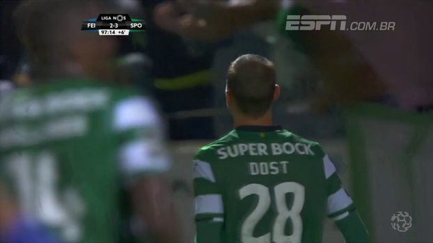 Feirense busca empate incrível, mas Sporting vence com pênalti polêmico aos 98 minutos de jogo e segue líder Assista aos gols da vitória do Sporting sobre o Feirense por 3 a 2!