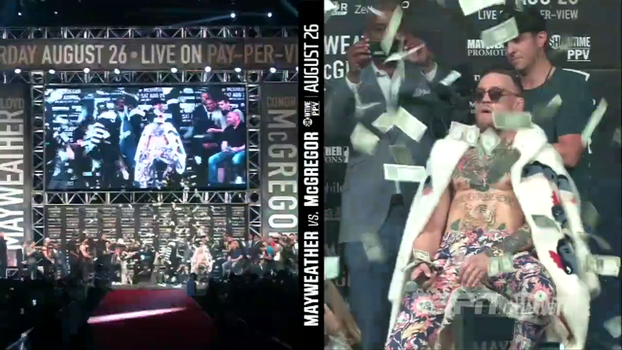 Sobrando? Mayweather chama McGregor de 'stripper' e literalmente faz chover dinheiro em irlandês Sobrando? Mayweather chama McGregor de 'stripper' e literalmente faz chover dinheiro em irlandês