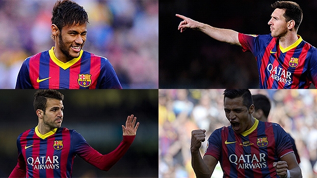 Dribles de Neymar, 'cavadinhas' de Messi e Fábregas e classe de Alexis Sánchez: golaços do Barça no Espanhol Dribles de Neymar, 'cavadinhas' de Messi e Fábregas e classe de Alexis Sánchez: golaços do Barça