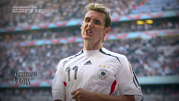 Com 16 gols marcados em 4 Copas do Mundo, Miroslav Klose é o maior artilheiro da história dos Mundiais Com 16 gols marcados em 4 Copas do Mundo, Miroslav Klose é o maior artilheiro da história dos Mundiais