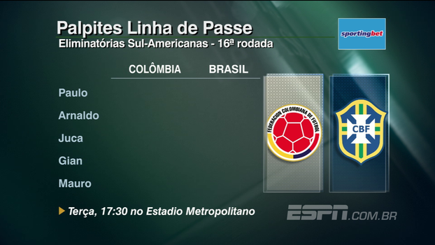 Confira os palpites do 'Linha de Passe' para Colômbia x Brasil Confira os palpites do 'Linha de Passe' para Colômbia x Brasil